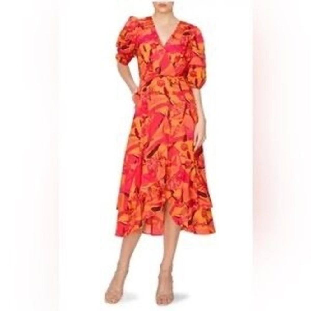 Melloday Women Orange Pink Tropical Floral Puff Sleeve Ruffle Midi Dress XS